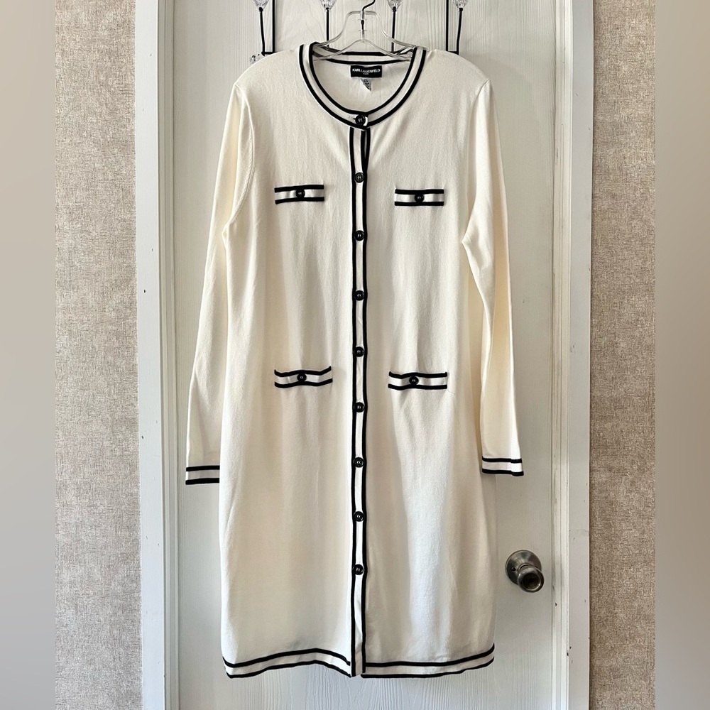 Karl Lagerfeld White Long Sleeve Button-Up Dress with Black Trim